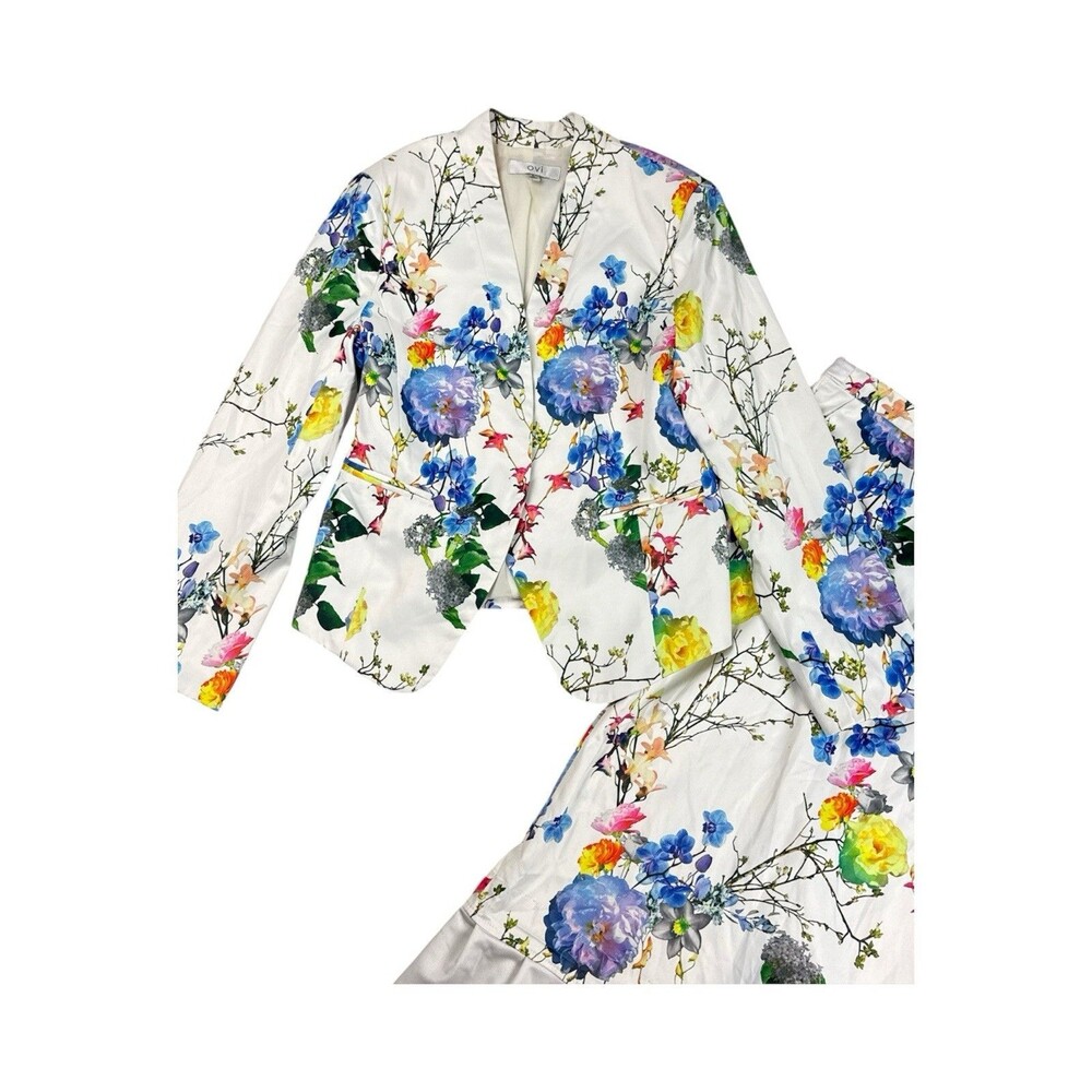 OVI Floral Blazer Skirt Suit Set Women’s Medium White Multicolor Cotton Stretch - Picture 3 of 14